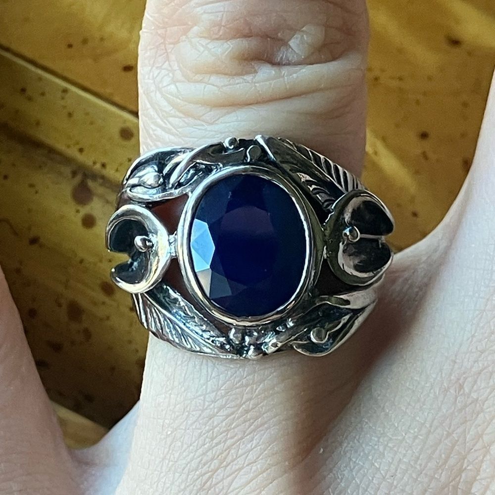 Natural Blue Sapphire Sterling Silver Ring Size 6